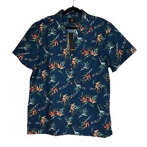 Lee Cotton Blue Yellow Orange Hawaiian Print Casual Summer Classic Fit Shirt L